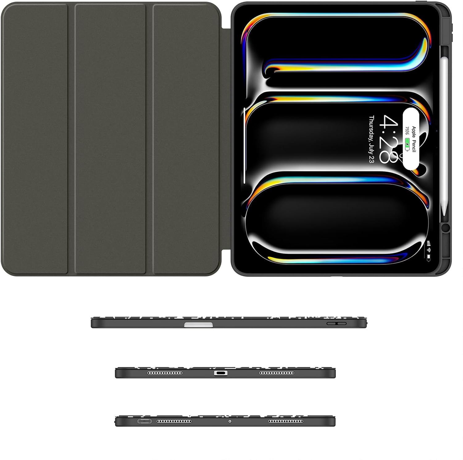 Soke Case for New iPad Pro 13 Inch (M5/M4, 2025/2024 Release), with Pencil Holder Trifold Stand Shockproof [Support Apple Pencil Charging + Auto Wake/Sleep], Soft TPU Back Cover, Book Black