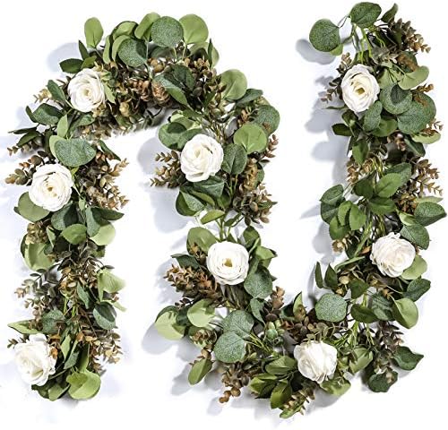 Der Rose 6.5FT Artificial Flower Garland, White Rose & Eucalyptus...