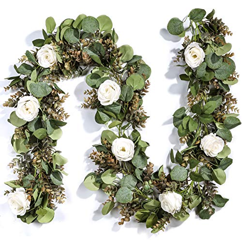 Der Rose 6.5Ft Artificial Eucalyptus Flower Garland with Fake Rose Flower Vine Seeded Eucalyptus Leaves Greenery Garland for Wedding Arch Table Runner