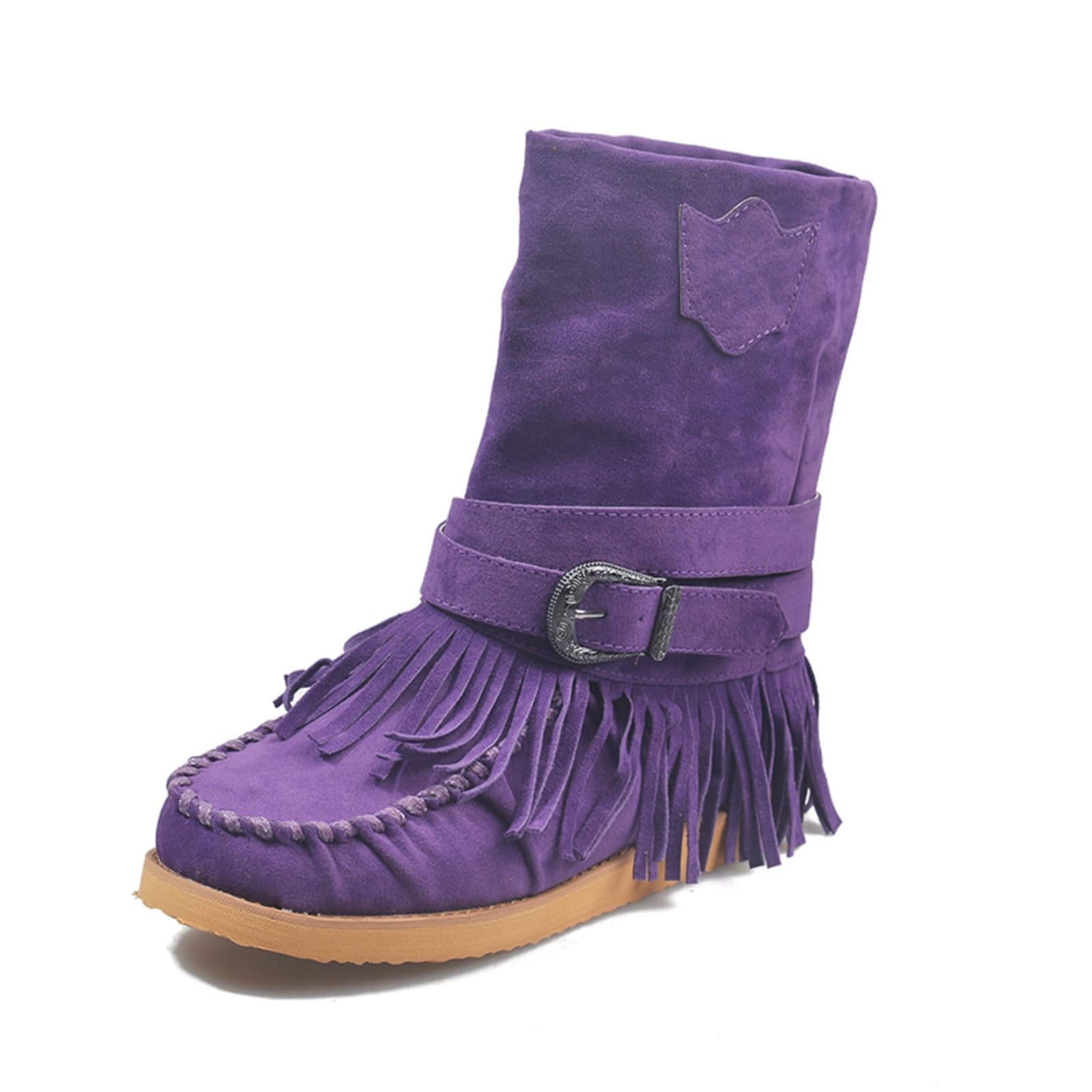 Womens Suede Fringe Ankle Boots Vintage Lightweight Round Toe High Top Booties Casual with Slip on Flat Winter