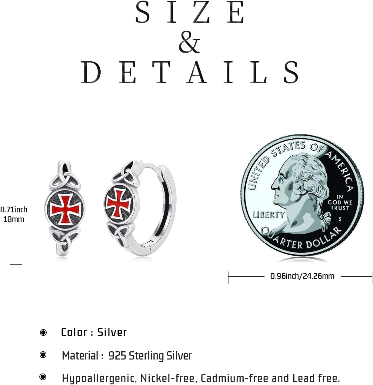 Knights Templar Earrings for Women Men 925 Sterling Silver Knights Cross Hoop Earrings Amulet Religious Jewelry Christmas Gifts