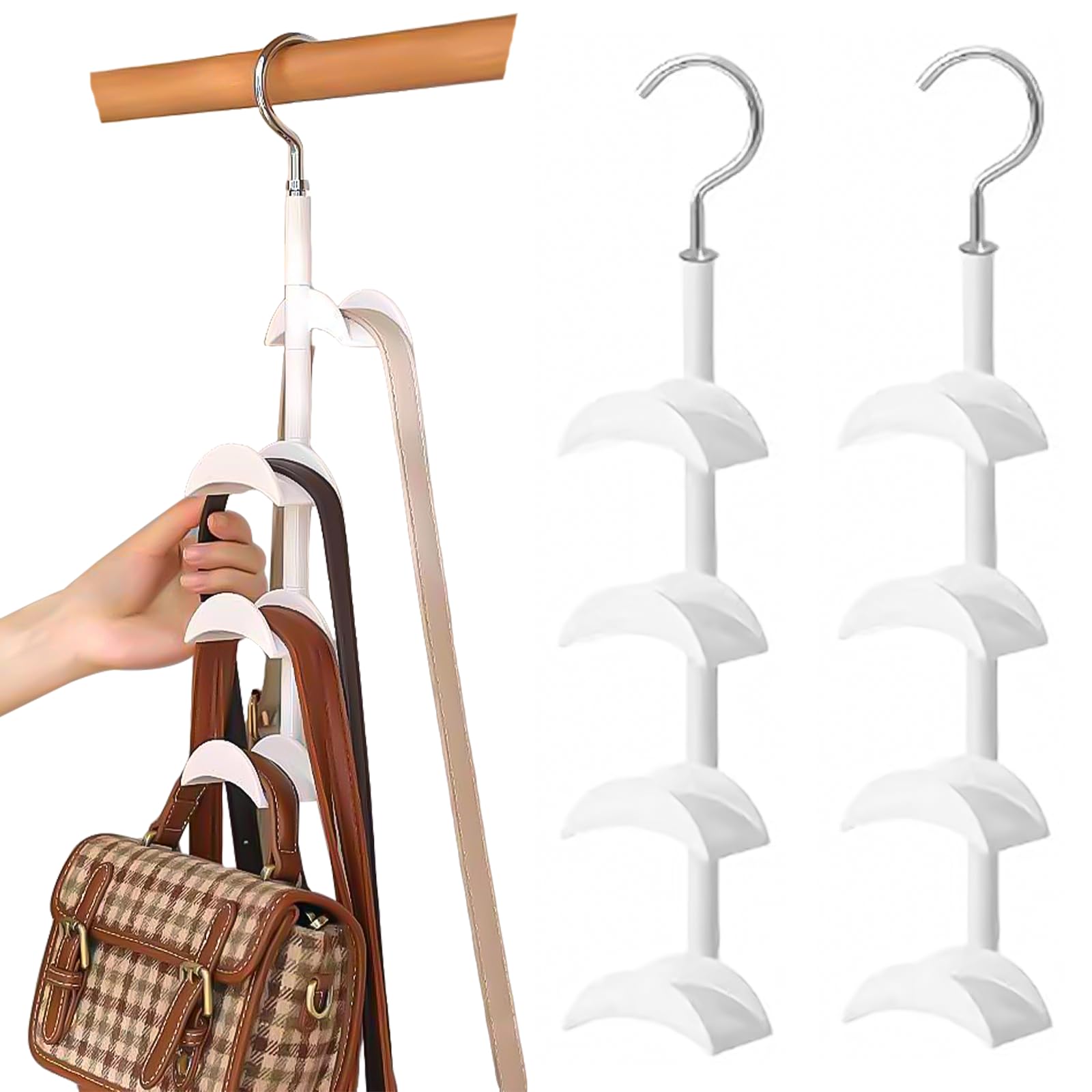 2 Pz Porta Borse da Armadio,Gancio Rotante a 360 Gradi da Appendere per Borsa,Organizer da Appendere per Borsa,Appendi Borse da Armadio per Cravatte, Sciarpe, Panni (Bianco)