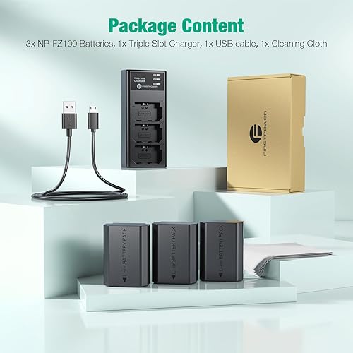 Miniatura 8 de FirstPower NP-FZ100 - Paquete de 3 baterías y cargador de triple ranura para Sony FX3, FX30, A7 III, A7 IV, A7C, A9, A6600, A6700, ZV-E1, ZV-E10 II,