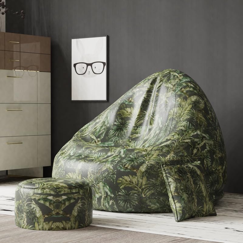 Image of BiggieBean Faux Leather Bag with Beans Filled XXXXL Bean Bag- Full Printed Bean Bag Sofa with Cushion&Footrest-Official:Oreka Homes-Comfort Level:Standard-(Theme:Elemental Elegance)