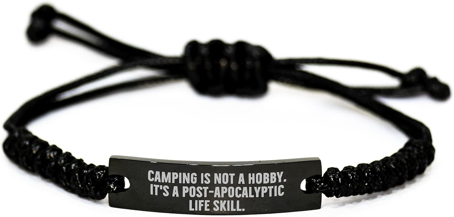 Camping Rope Bracelet, Funny Camping Gift for Men, Black Stainless Steel Rope Watch with Interlaced Rope, Adjustable, Post-Apocalyptic Life Skill Quote, Gifts from Dad for Camping Enthusiast