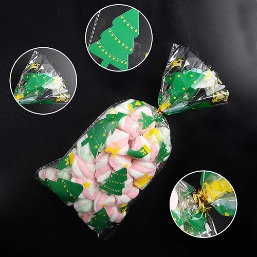 Miniatura 5 de XIMISHOP 120 bolsas de celofán de Navidad, bolsa de celofán transparente de Navidad con 150 lazos giratorios para recuerdos de fiesta de Navidad