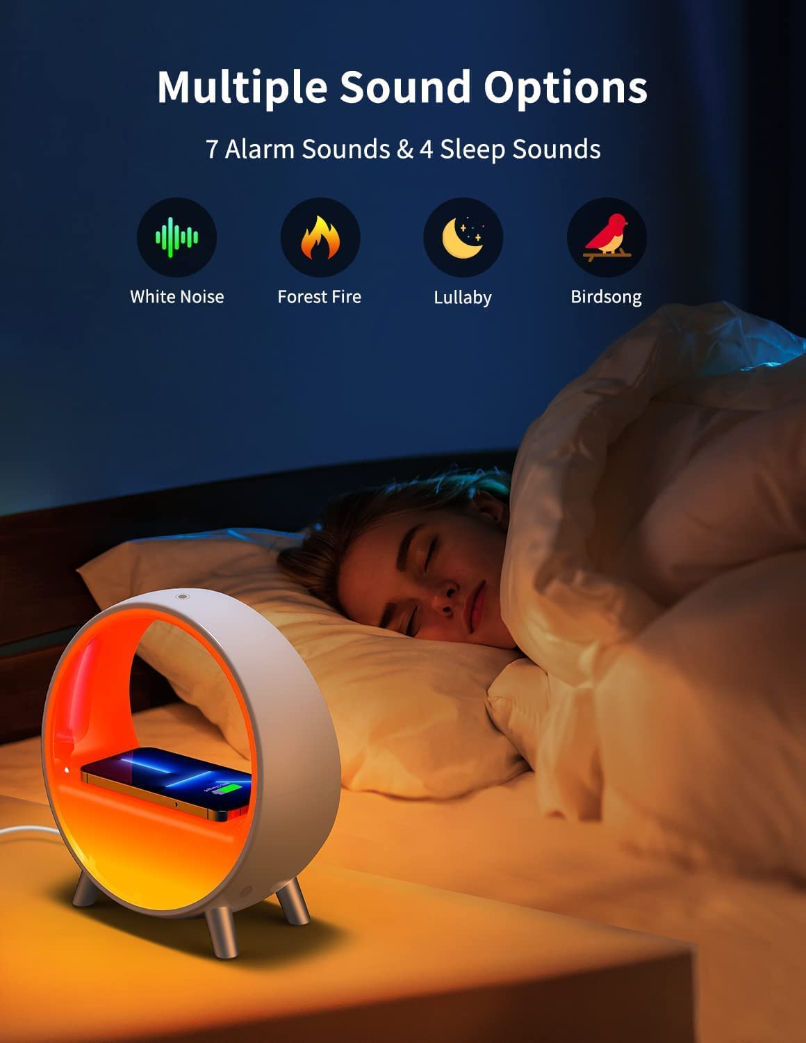 LED Nachttischlampe mit Wecker, WiFi Smart Tischlampe Klangmaschine, Lausprecherkompatibel Alexa/ Google Assistant, 12/24 Kalender, App-Steuerung, Geschenk für Weihnachten, Party, Weiß-1