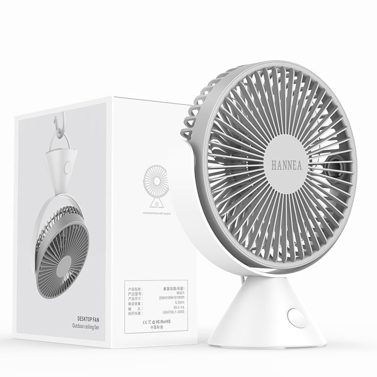 HANNEA® USB Desk Fan Mini USB Rechargeable Fan with 3 Speeds, Portable Camping Fan with Folding Hanging Handle 360° Rotation Hanging USB Fan Desk Fan for Car, Office, Home