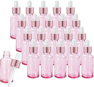 UgyDuky 24Pcs 1Oz Eye Dropper Bottle Glass Bottles with Eye Droppers Pink Glass Dropper Bottle Clear Glass Bottles with Rose Gold Caps Empty Tincture Serum Bottles for Essential Oils Perfume (Pink)