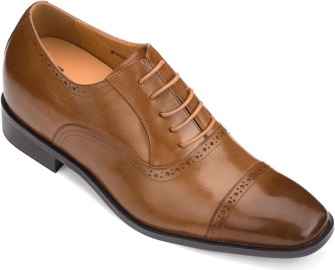TOTO Men's Invisible Height Increasing Elevator Shoes - Brown Leather Lace-up Formal Oxfords with Premium Faux Leather Bottom Sole - 3 Inches Taller - F6506B - Size 8 D(M) US