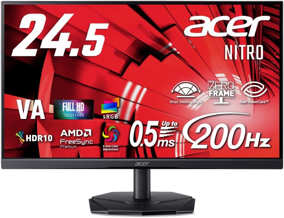Acer 24.5インチ フルHD 200Hz 0.5ms(GTG) 広視野角 VA 非光沢 sRGB 99% AMD FreeSync Premium HDR10 ブラックブースト VRB対応 ブルーライト低減 HDMI 2.0 DisplayPort v1.2 Acer Display Widget Nitro ゲーミングモニター 3年保証(パネルは1年) KG251QX3bmiipx