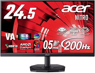 Acer 24.5インチ フルHD 200Hz 0.5ms(GTG) 広視野角 VA 非光沢 sRGB 99% AMD FreeSync Premium HDR10 ブラックブースト VRB対応 ブルーライト低減 HDMI 2.0 DisplayPort v1.2 Acer Display Widget Nitro ゲーミングモニター 3年保証(パネルは1年) KG251QX3bmiipx