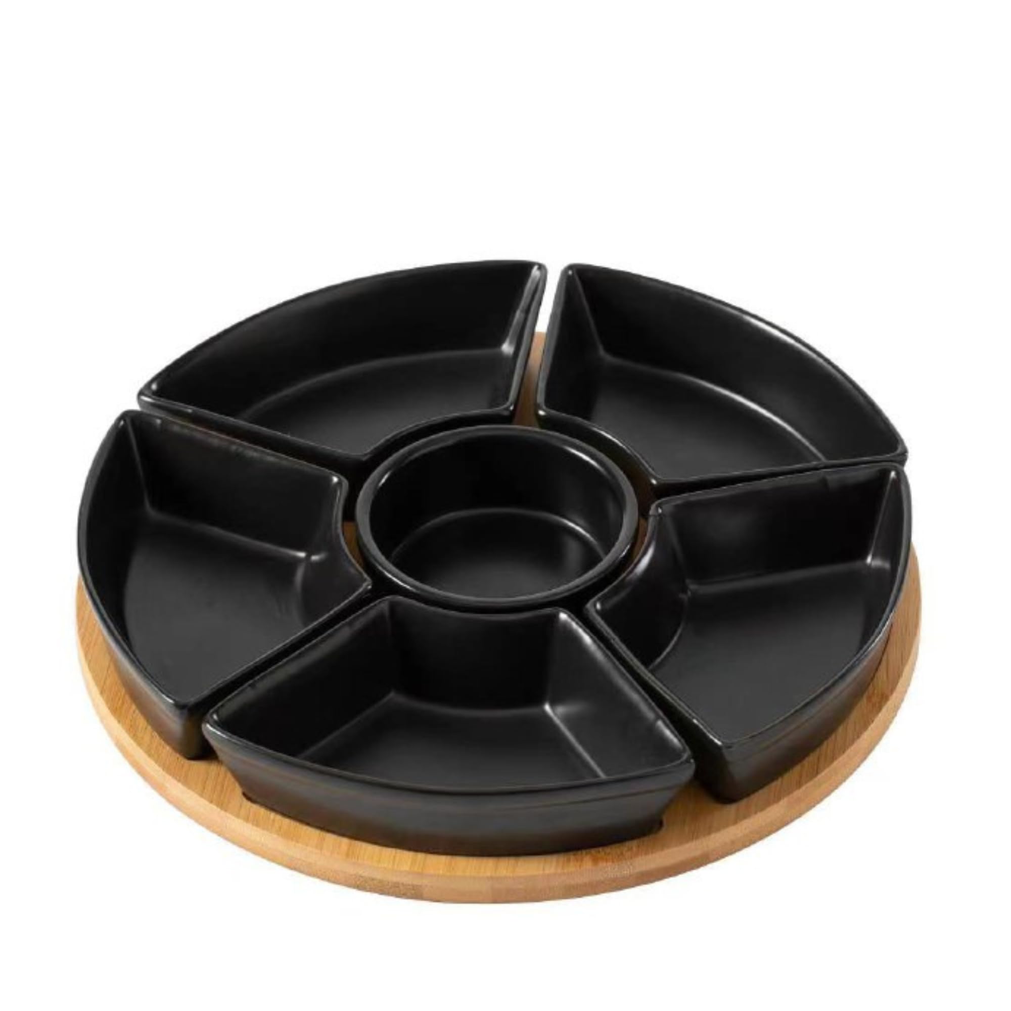 Vencier Lazy Susan Rotating, Revolving Dip Set Snack Bowl Serving Platter with 6 Ceramic Dishes Dips, Snacks & Appetisers (Black)