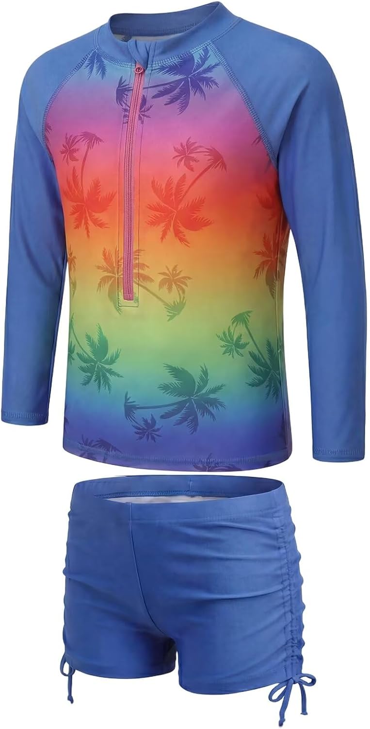 Girls Rash Guard Swim Set Long Sleeve Swimsuits for Kids Girl Two Piece Bathing Suits Hawaiian Swimwear Set 3-16 Years