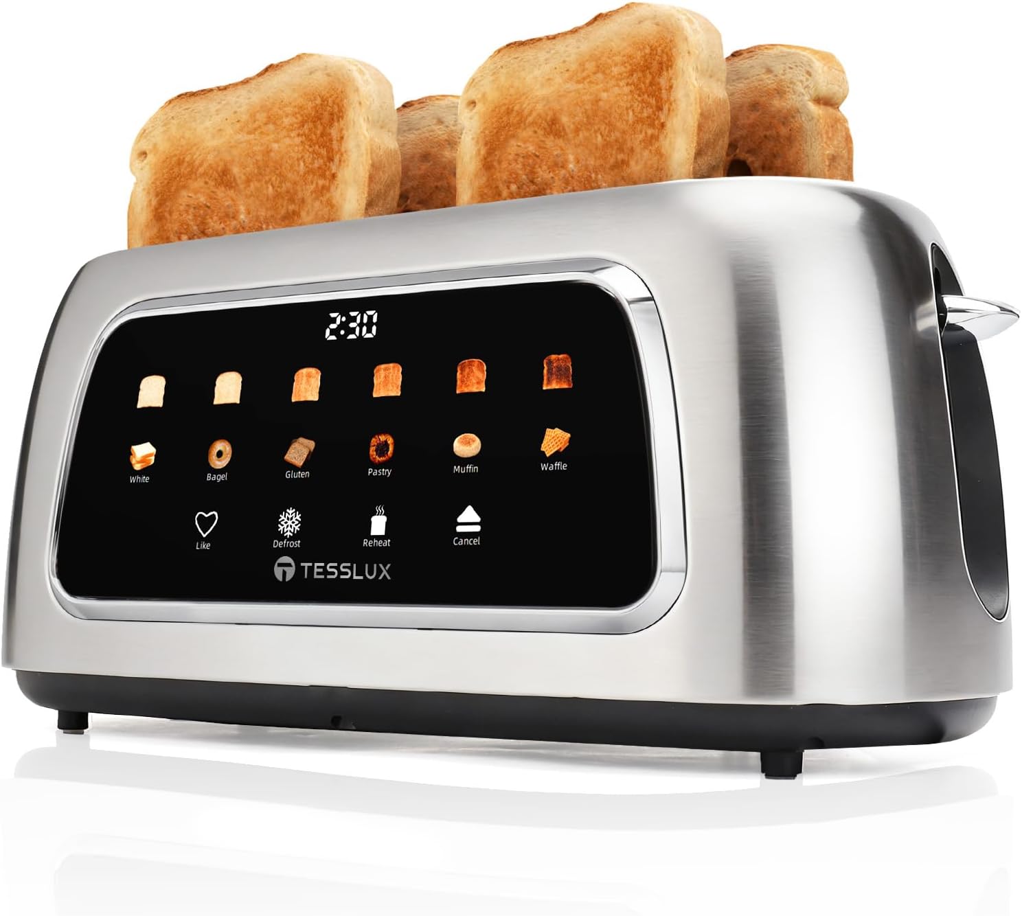 4 Slice Toaster with Touch Screen Control, 1.5" Wide Long Slots, 6 Browning Levels & 6 Bread Types, Digital Timer, Memory, Defrost, Reheat (SILVERY)