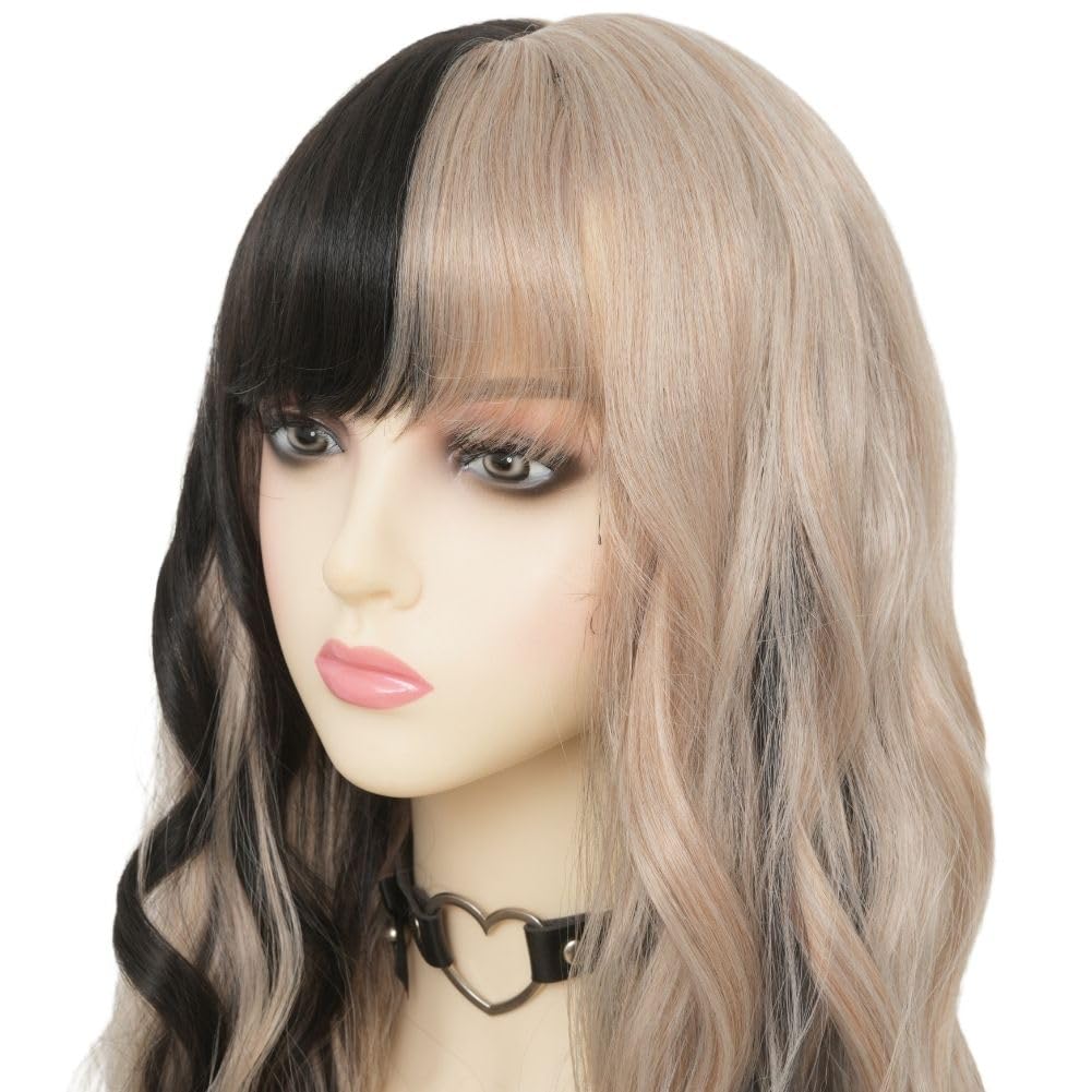 Black Blonde Long Curly Wavy Wig for Women with Bangs Black Mix Blonde Highlight Natural Heat Resistant Wigs Halloween Daily Party Hair Wig