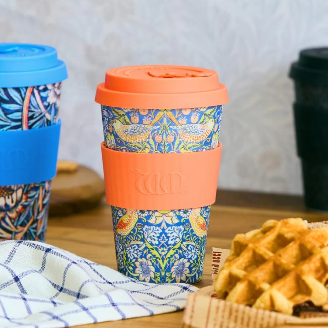 Ecoffee Cup 14oz (400ml) William Morris Reusable Coffee Cup – PLA Plant-Based Travel Mug with Silicone Lid, Melamine Free & Dishwasher Safe – Strawberry Thief