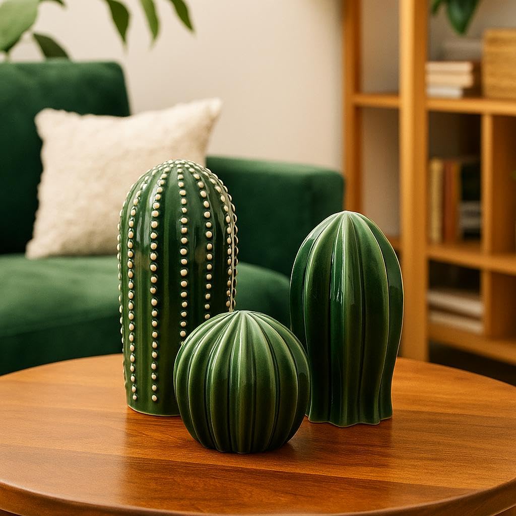 PUREZENTO 'CactusGlow' Ceramic Showpiece - Set of 3 | Stylish Boho Minimalist Cactus Green Matte Finish Figurines | Ceramic Decorative Showpiece for Home Decor, Living Room, Office, Tabletop & Shelf-picture-31