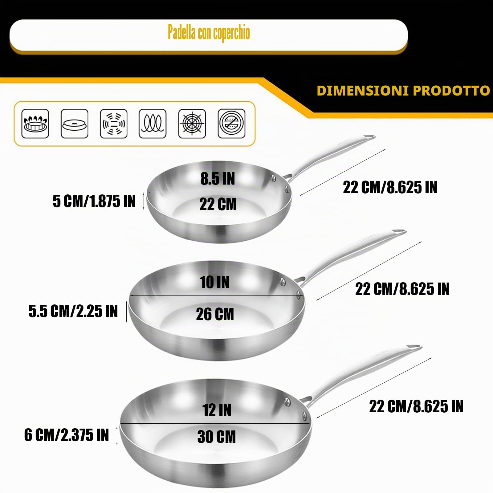 LOLYKITCH Set di 3 padelle in acciaio inox a tre strati da 21,5 a 25,4 - 30,5 cm, set di pentole a induzione, adatte per forno e lavastoviglie, manico rivettato