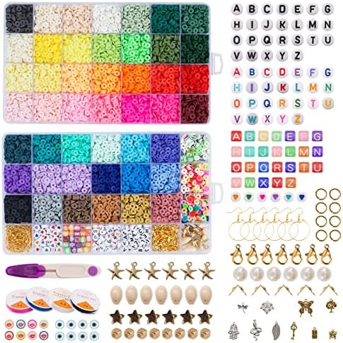 Maxzola inc. 12870 Pcs Clay Beads for Bracelet Necklace Jewelry Making Kit, Polymer Flat Round Beads with Elastic Strings Pendant Charms Set