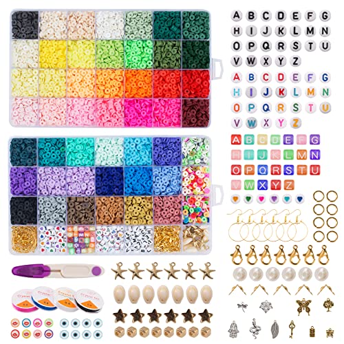 Maxzola Inc. 12870 Pcs Clay Beads For Bracelet Necklace Jewelry Making Kit, Polymer Flat Round Beads With Elastic Strings Pendant Charms Set #TOP28