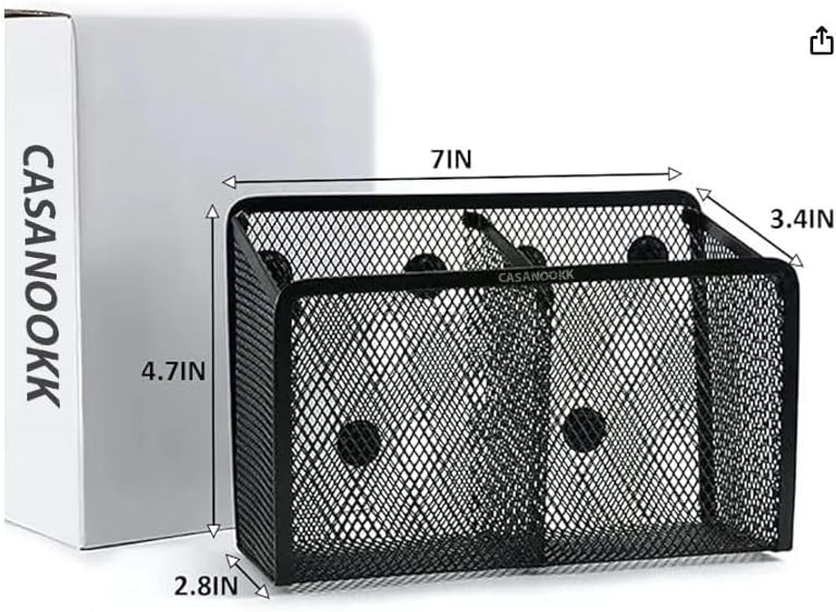Diagram showing the dimensions of the magnetic pen holder: 7 inches wide, 4.7 inches deep, and 4.7 inches high.