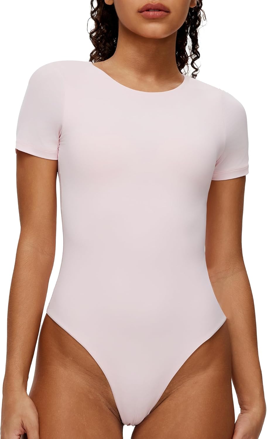 NANJI Short Sleeve Bodysuit for Women - Crew Neck Slim Fit Thong Body Suit, Stretch Double Lined Snap Tops, Casual Going Out