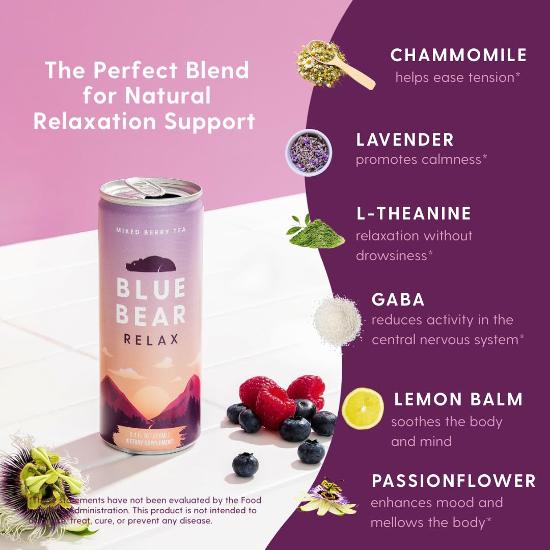 Blue Bear Relax Tea, Ready-to-Drink Iced Tea, Mixed Berry Calming & Relaxation Tea for Stress Relief, Caffeine-Free, Zero Sugar, 8.4 Fl Oz (12 Pack)