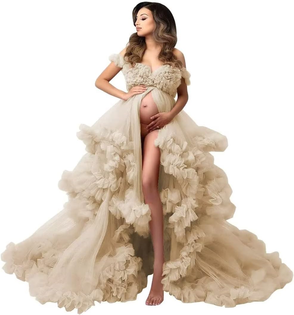 Maternity Dresses for Photography Off Shoulder Puffy Tulle Long Ball Gowns Puffy Sheer Prom Dress FL0075