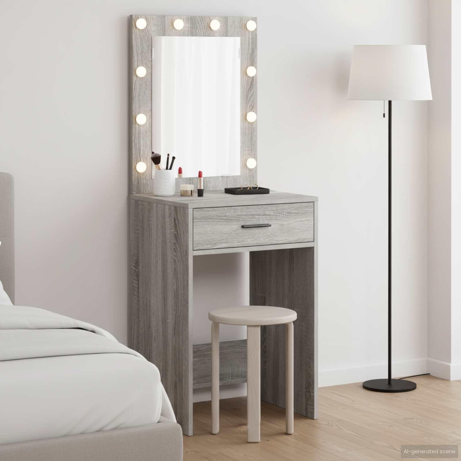 vidaXL Schminktisch Graues Sonoma 50 x 41 x 135 cm Holzwerkstoff | Hat Hollywood-Spiegellichter für dein Make-up, Die Schublade schließt schön und leise, Modernes Aussehen,