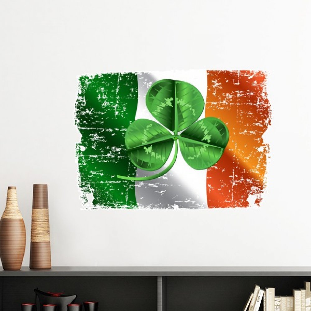 Sticker Mural Trèfle Irlande Drapeau Vert Amovible Décoration Chambre 60cm