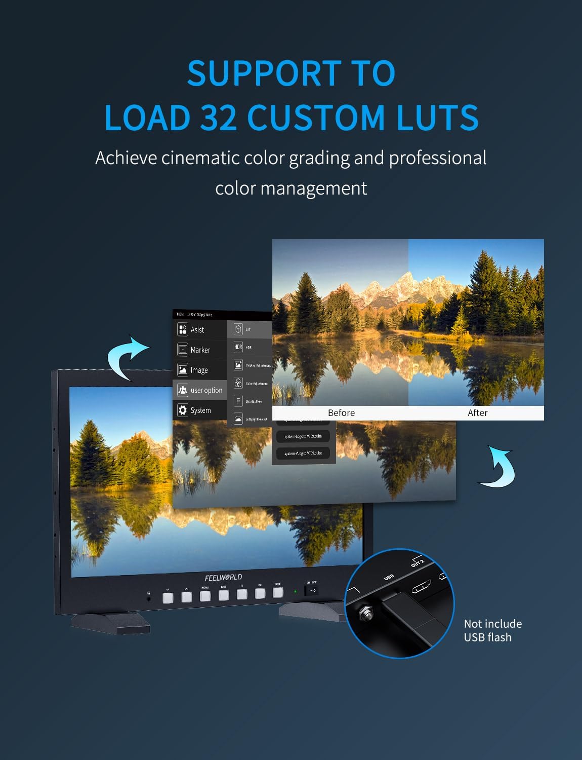 FEELWORLD FVM215 1000 Nits 21.5-inch Broadcast Monitor with Waveform, 3D LUT, 8-bit Color Depth, 4K60Hz HDMI & 3G-SDI Input/Output