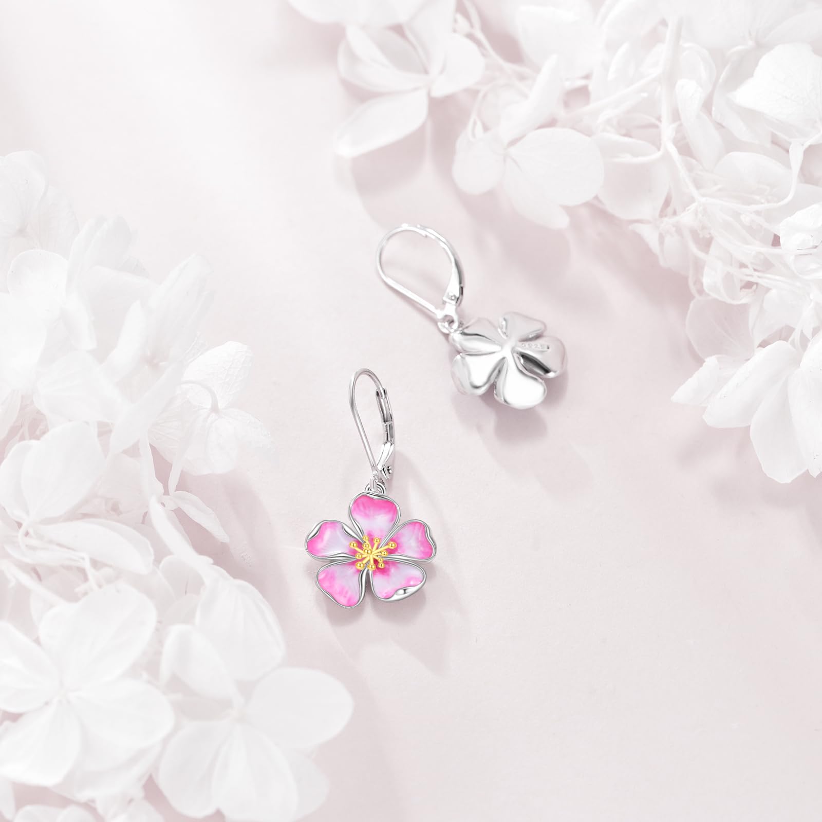 AXELUNA Pendientes de flor de cerezo para mujer, plata de ley, esmalte rosa, flor de cerezo, aretes colgantes de joyería para madre y esposa, Normal, Plata de ley, Sin piedra preciosa