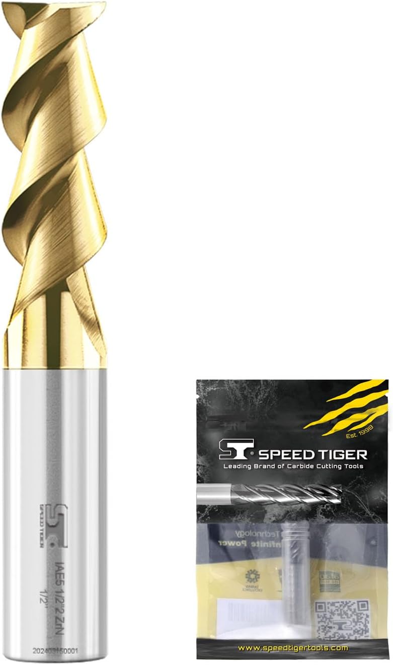 SPEED TIGER Carbide Square Nose End Mill with ZrN Coating - 2 Flute - IAE5-3/8 2T-ZrN (1 Piece, 3/8")- for Milling Aluminum Applications โ Mill Bits Sets for DIYers & Professionals