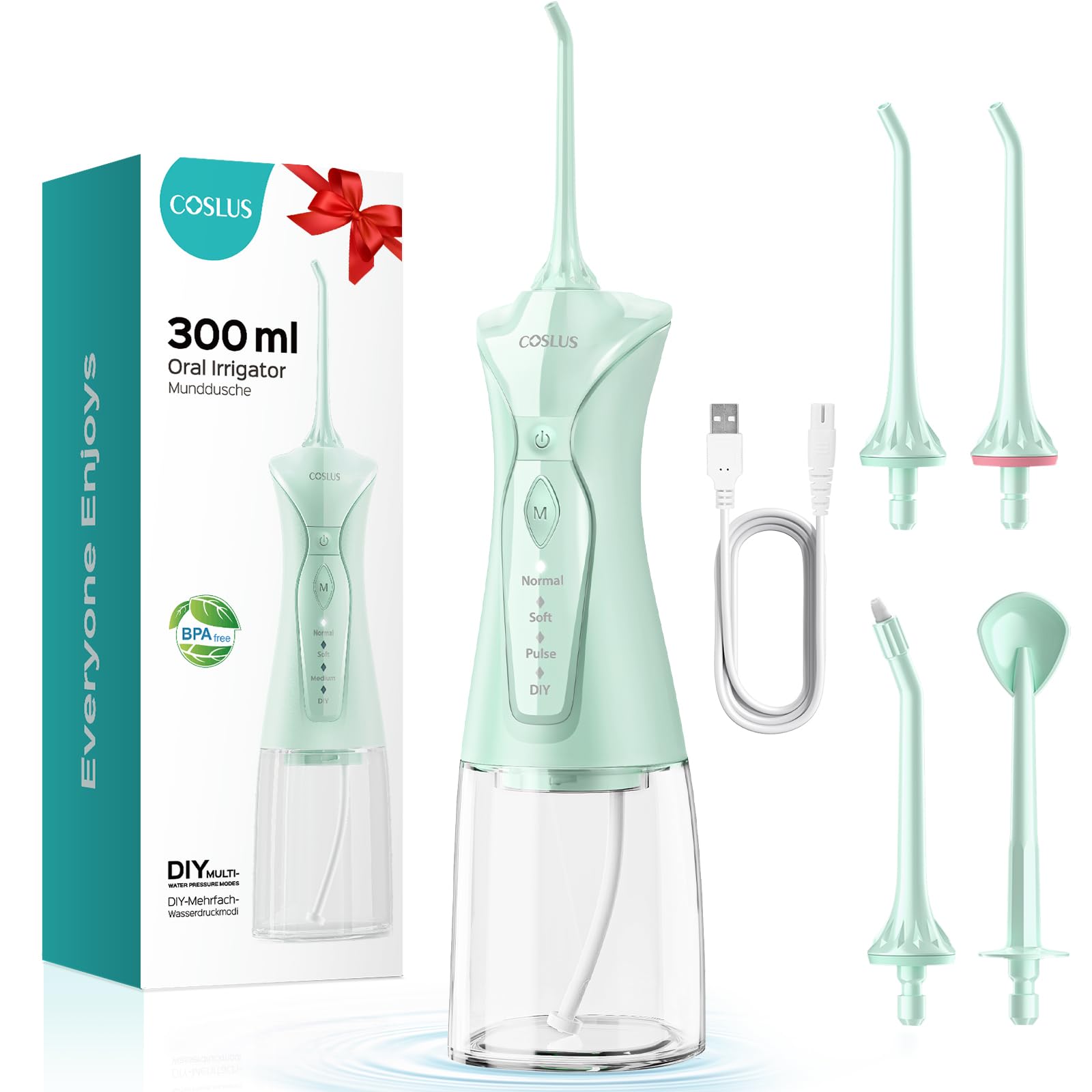 COSLUS C30 Irrigador Bucal Portatil Irrigador Dental: 4 Boquillas 4 Modos Recargable Limpiador de Riego para Limpieza Dental, 300ML IPX7 Impermeable Limpieza Dientes Para el Hogar y los Viajes Verde Global Recycled Standard Global Recycled Standard Global Recycled Standard