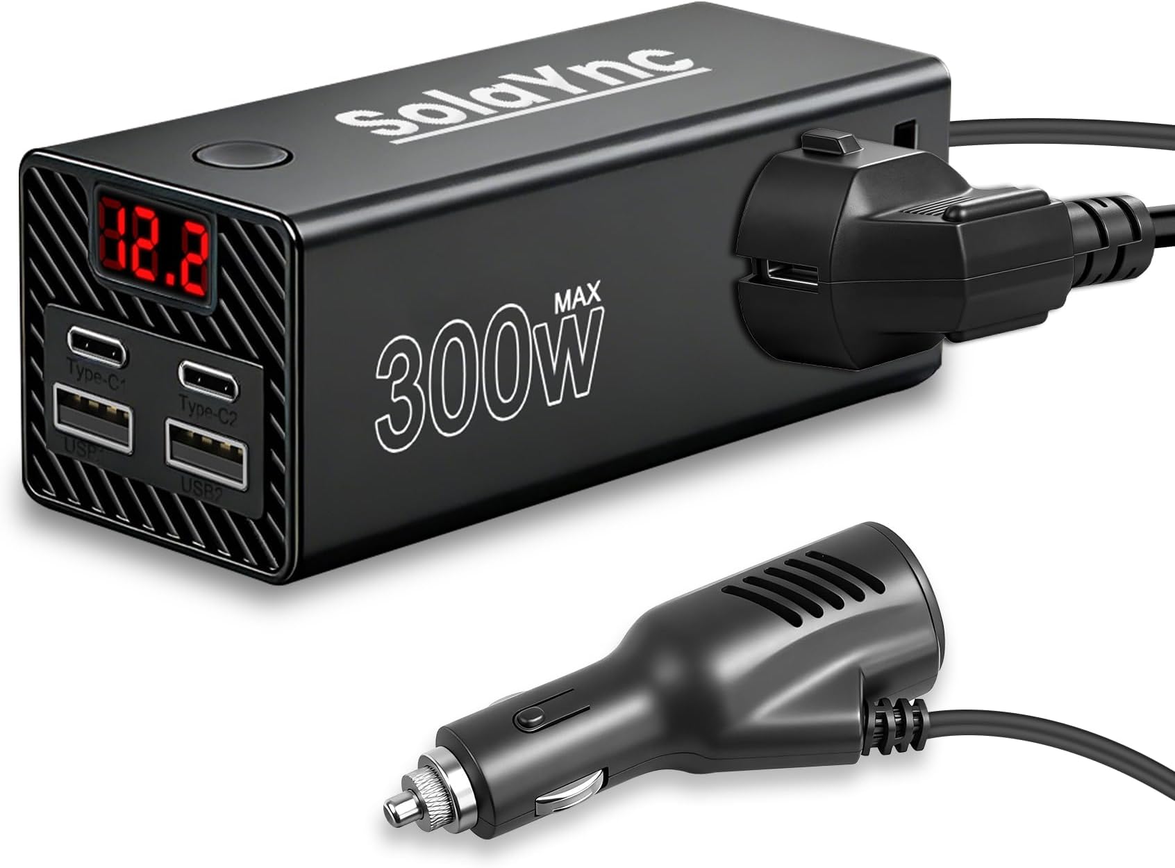 Inverter 300 W Modified Sine Wave 12 V/24 V to 220 V Car Voltage Converter with 2 AC Sockets, 2 Type-C 36 W and Port 24 W USB Port for Caravan, Boat, Camping