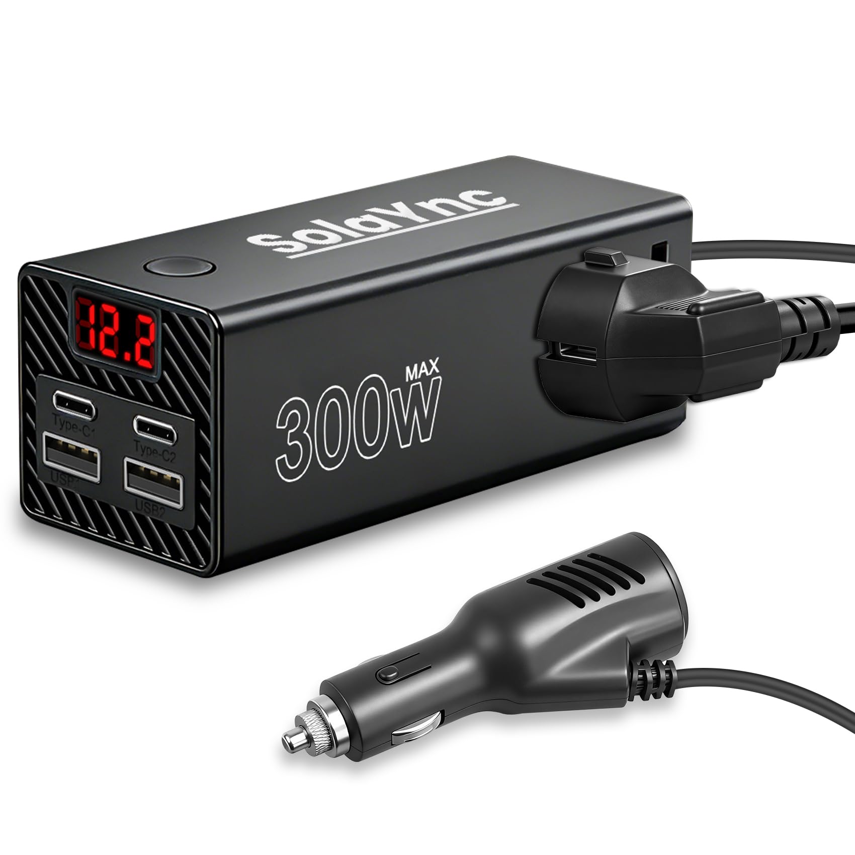 300W Convertisseur de Tension pour véhicule 12V/24V à 230V, avec Prises internationales et Affichage LED, 2 Ports USB-A et 2 Ports USB-C, adapté aux Voitures, Bateaux, Camping