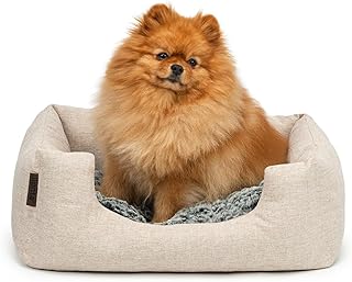 lionto Hundekörbchen mit flauschigem Wendekissen, kuscheliges Heimtierbett in meliertem Design mit tiefem Einstieg für Hunde & Katzen Aller Größen, 60x50 cm, weiches Hundebett, beige product image