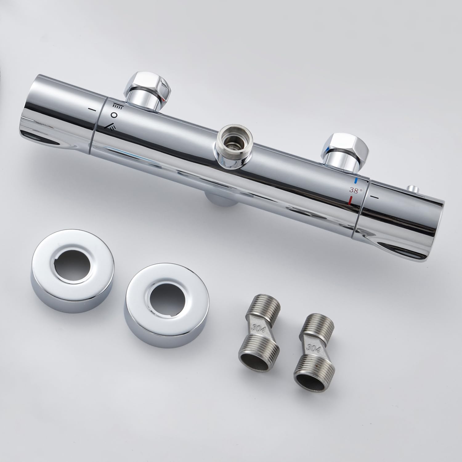 Mezclador Termostático de Ducha con 2 Salidas, Mezclador de Ducha y Grifo de Baño, Salida Superior 3/4" BSP (26.4mm) y Salida Inferior 1/2" BSP (21mm), Redondo Cromado