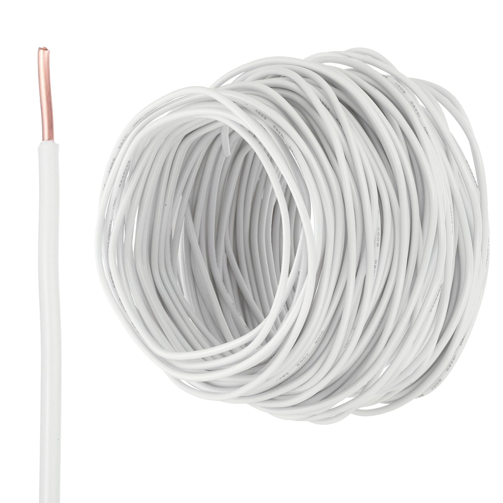 QUARKZMAN 150 Fuß Elektrischer Draht Isolierter Fester Kupferdraht 14AWG Anschlusskabel THHN Draht Wohnbereich Industrie Erdung Elektrisch Bewertet Für 600 Volt UL Geprüft Weiß