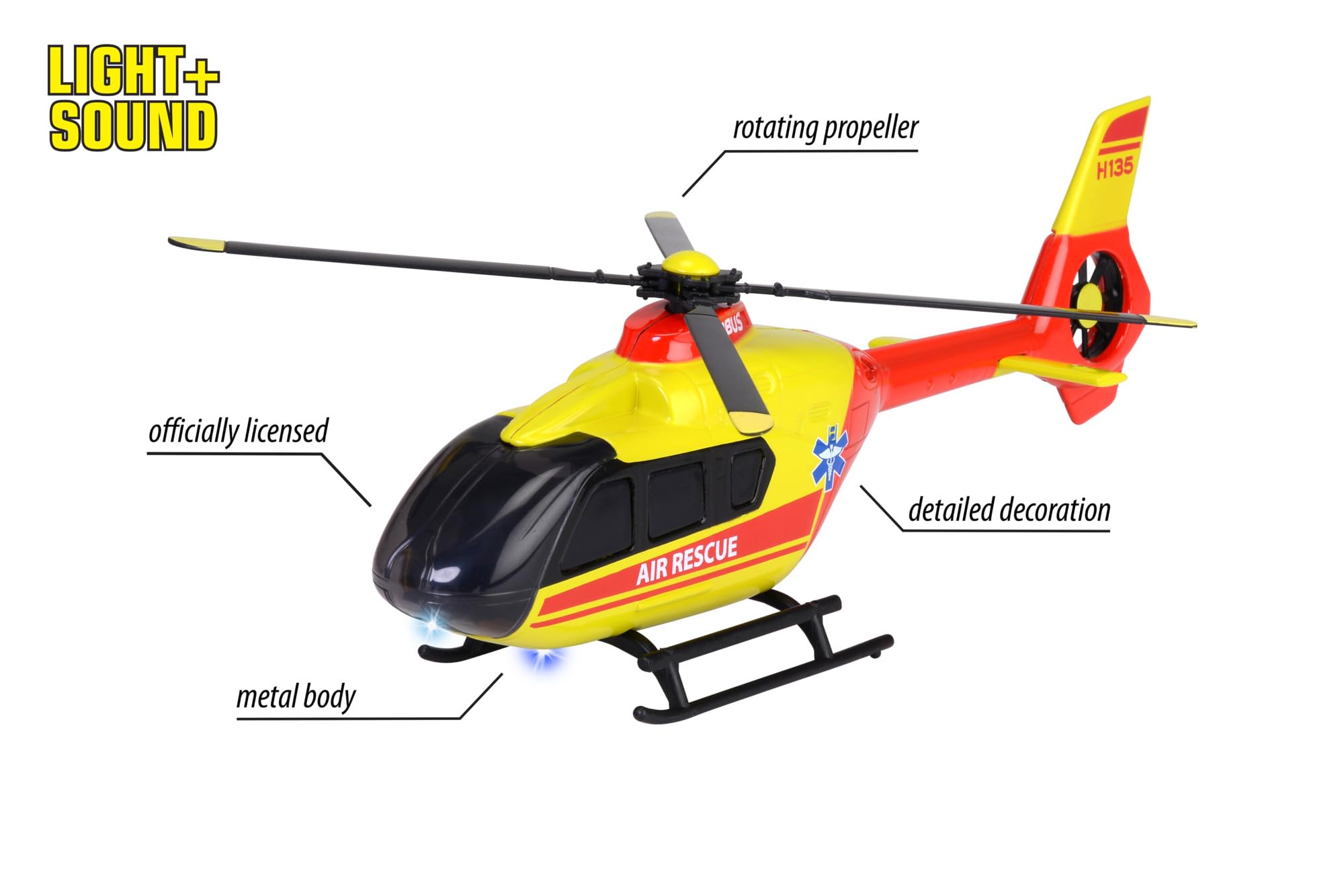 Majorette - Rettungs-Helikopter Airbus H135 (rot/gelb, 25,5 cm) - großer Spielzeug-Hubschrauber mit Metall-Rumpf, Drehpropeller, Licht & Sound, für Kinder ab 3 Jahre