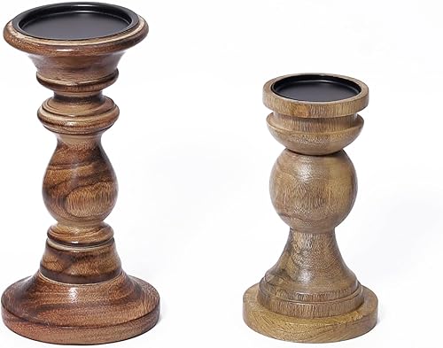 Juego de 2 portavelas de madera rústica, hecho a mano, antiguo, para decoración del hogar, soporte cónico de madera de mango decorativo vintage para