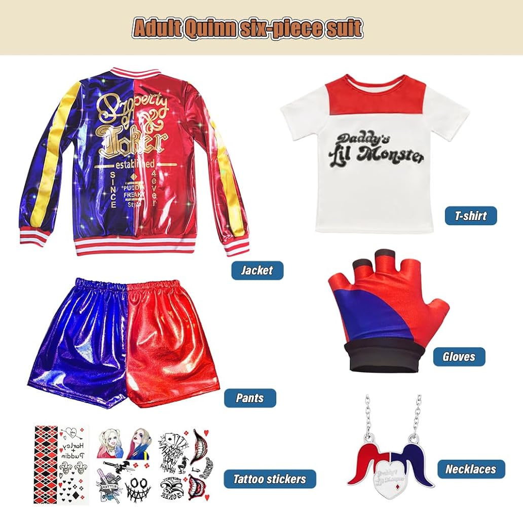 Quinn Suicide Squad Bösewicht Kostüm Für Erwachsene – Jacke, T-Shirt, Shorts, Handschuh, Größe 2XL