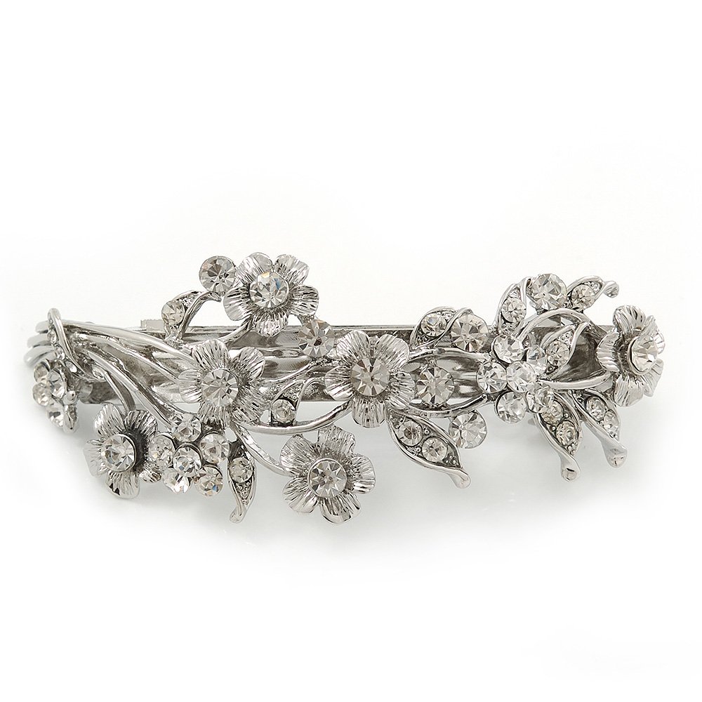 Bridal Wedding Prom Silver Tone Diamante 'Intertwined Flowers' Barrette Hair Clip Grip - 85mm Across, silver, white / ivory