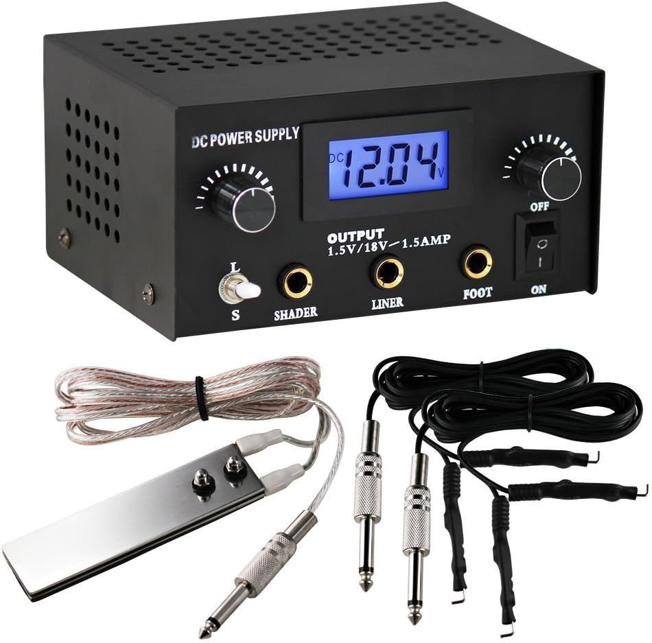 Pirate Face Tattoo Dual Digital Tattoo Power Supply with Foot Pedal and 2 Clip Cords, Black Color 5 Count (Pack of 1)