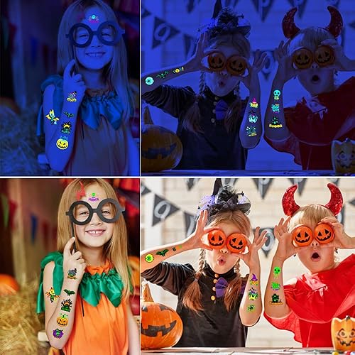 Miniatura 3 de 10 hojas de tatuajes temporales de neón de Halloween que brillan bajo los rayos UV, más de 95 estilos, impermeables, para fiestas de niños, niños y