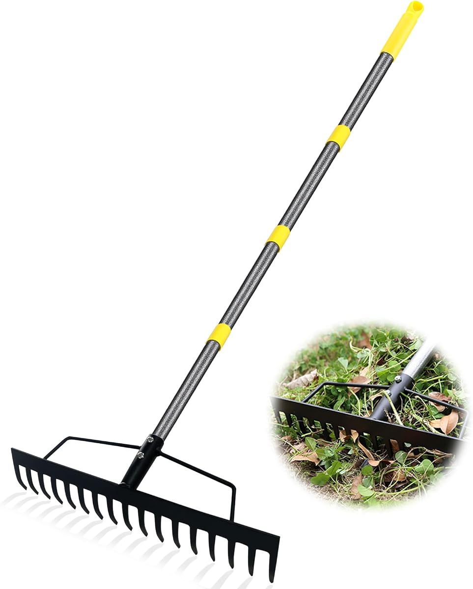 Heavy Duty Metal Bow Rake for Lawn , 17 Steel Tines Garden Rake | 17 Inch Wide, 35"-67" Adjustable Long Handle, Ideal Garden Tool for Soil Leveling, Leaf Gathering & Lawn Care
