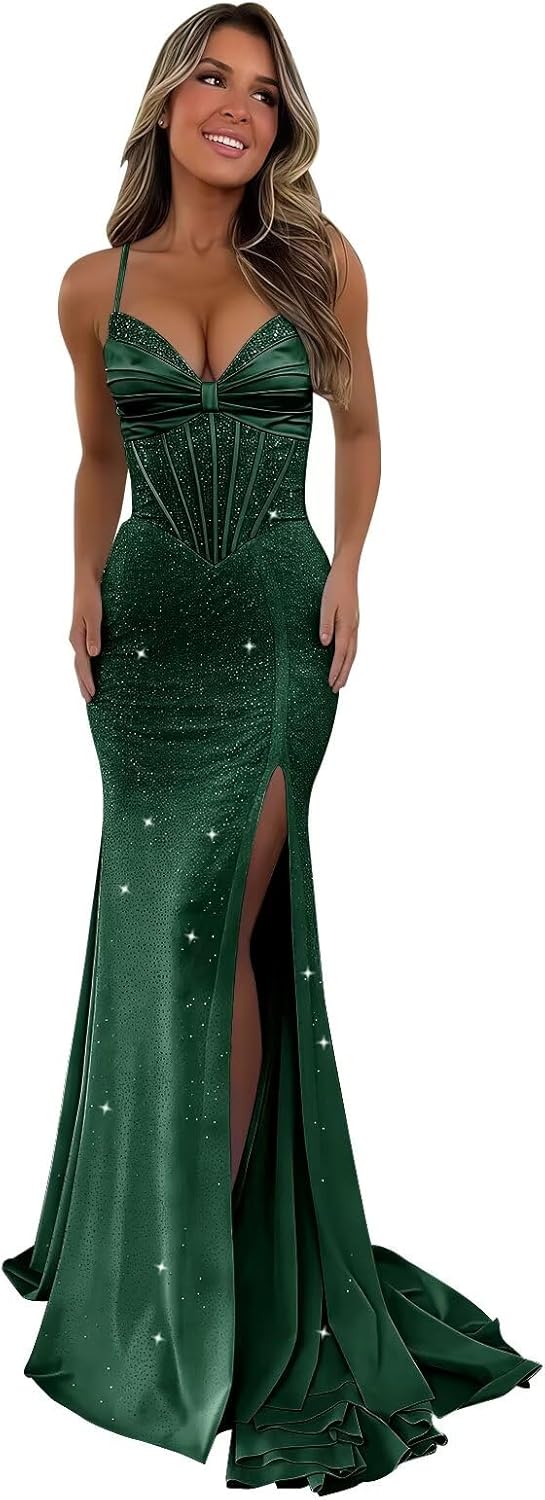Smileven Sparkly Sequin Long Prom Dresses for Women Corset Formal Evening Party Gowns with Slit