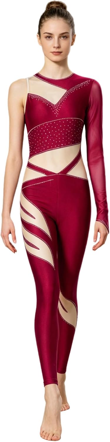YEAHDOR Gymnastics Unitard for Women Single Long Sleeve Mesh Rhinestone Dance Bodysuit Figure Skating Jumpsuit