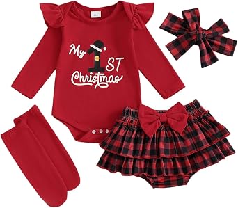 Rtnnsbbfcm My First Christmas Baby Girl Outfit Long Sleeve Letter Romper Layered Ruffle Shorts Headband Socks 4Pcs Set